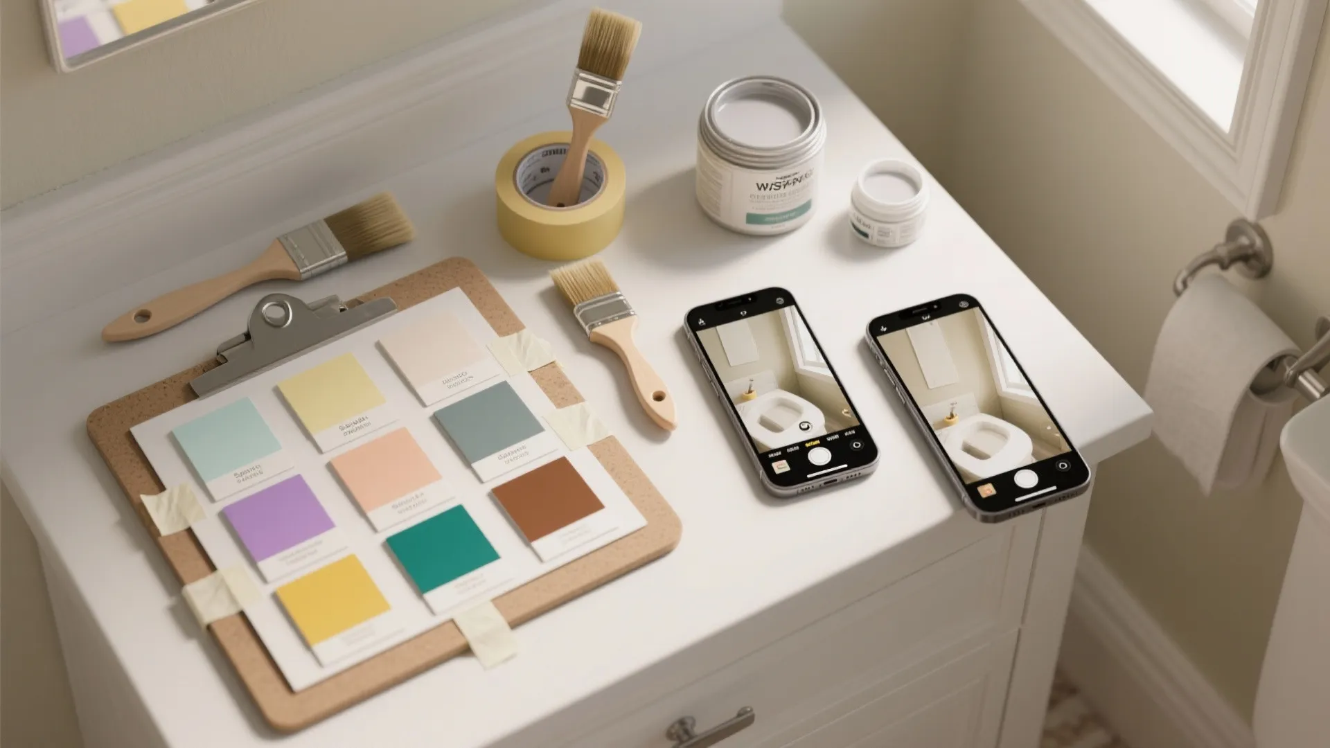 Table with paint color samples brushes tape paint cans and two phones showing bathroom photos