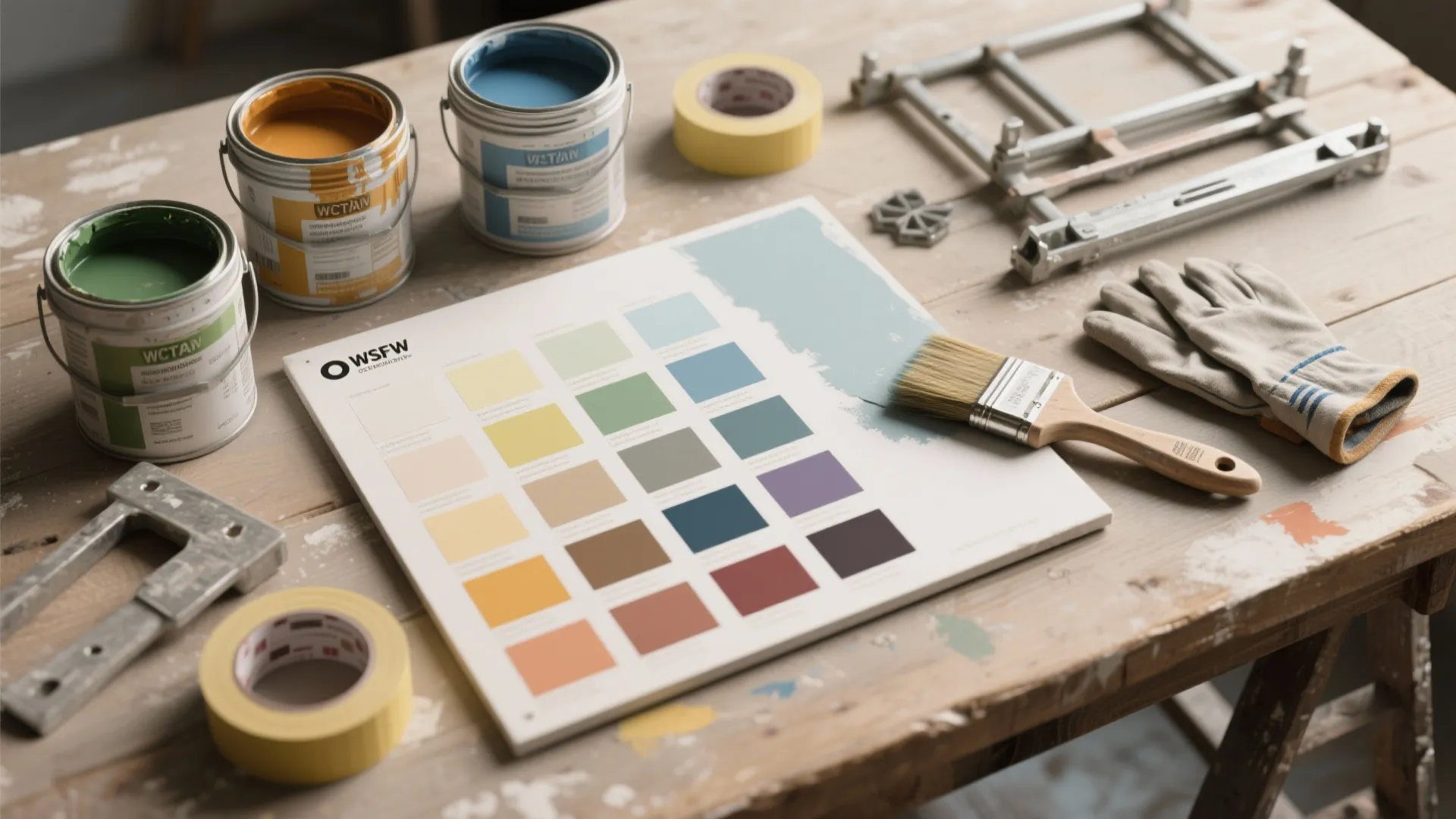 Top-down flatlay of paint sample pots, large test board with swatches, painter's tape and tools for stairwell testing