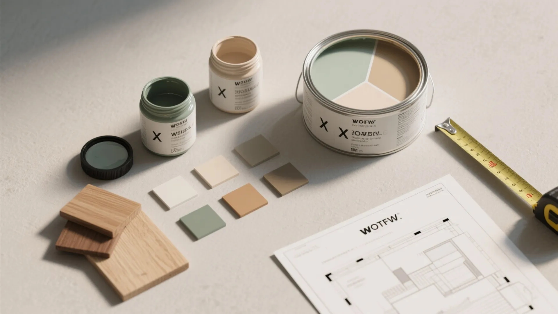 Top-down flatlay of paint sample pots, 2x2 swatches, wood samples and a floor plan for testing colors.