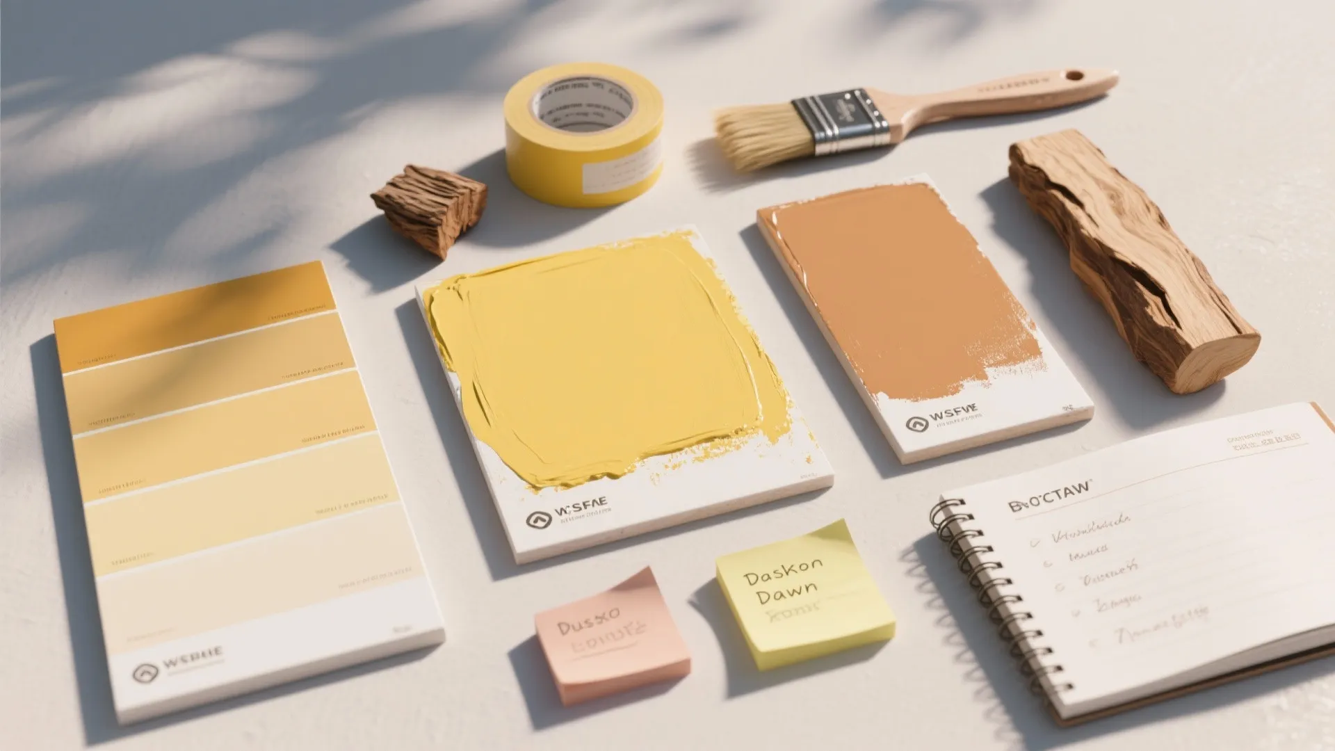 Interior design planning with yellow paint samples brushes wood pieces and notes on white table