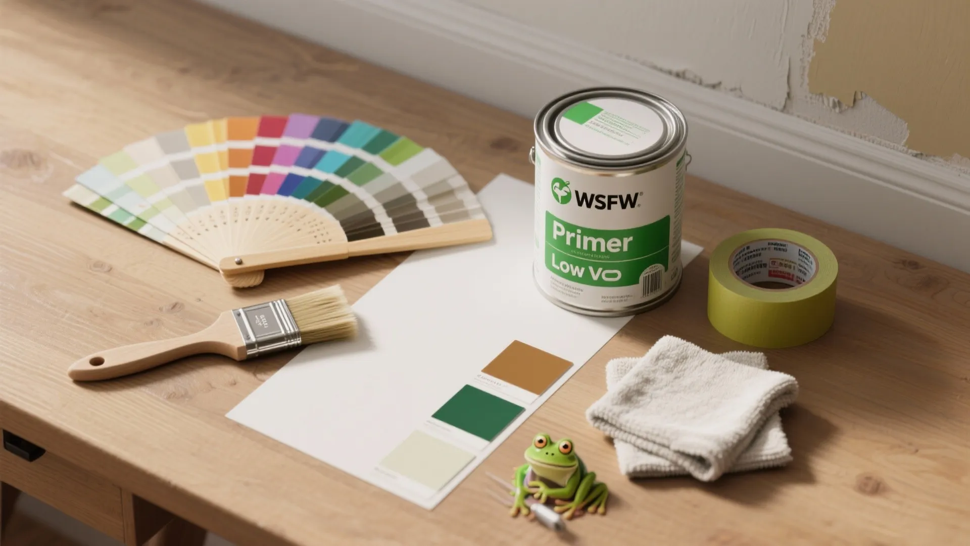 Top-down flatlay of paint swatches, brushes, tape, primer and a low-VOC paint can for accent wall planning.
