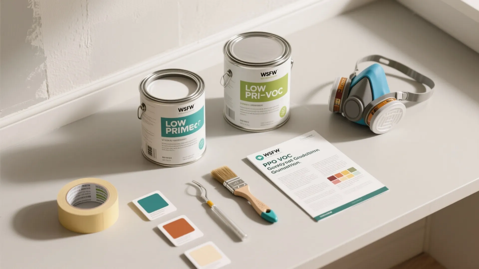 Flatlay of paint cans, swatches, primer, brushes, and an EPA VOC pamphlet for vinyl paint guidance.