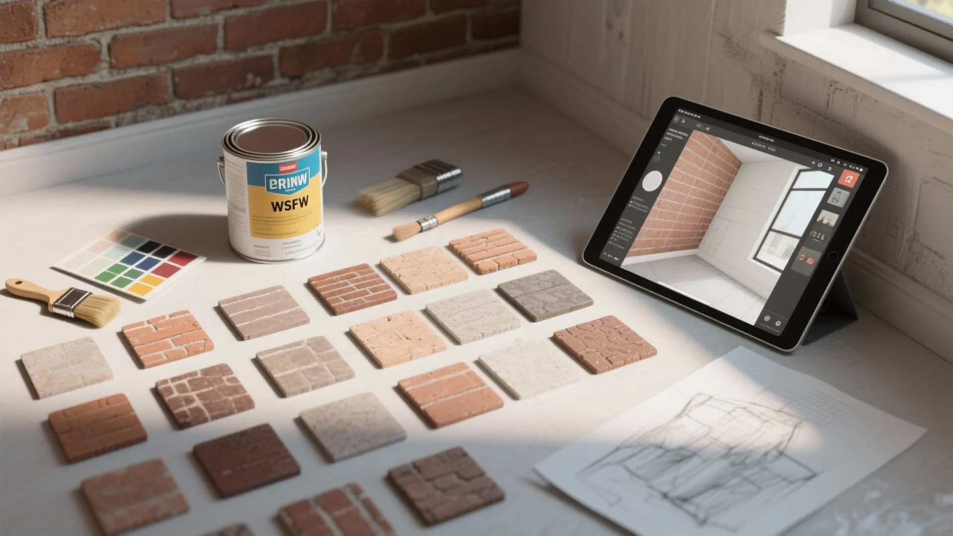 Flatlay of brick paint samples, brushes, primer, swatches, and a tablet showing a 3D mockup for testing colors.