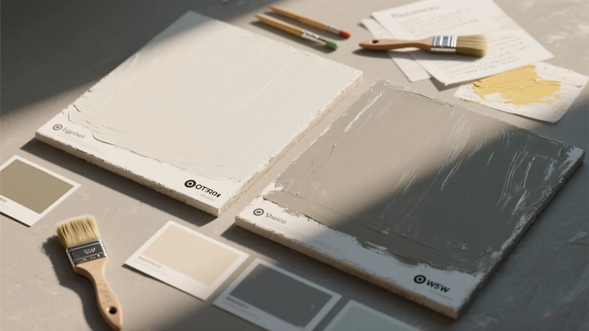 Neutral paint color samples on boards with brushes and color swatches for home renovation design
