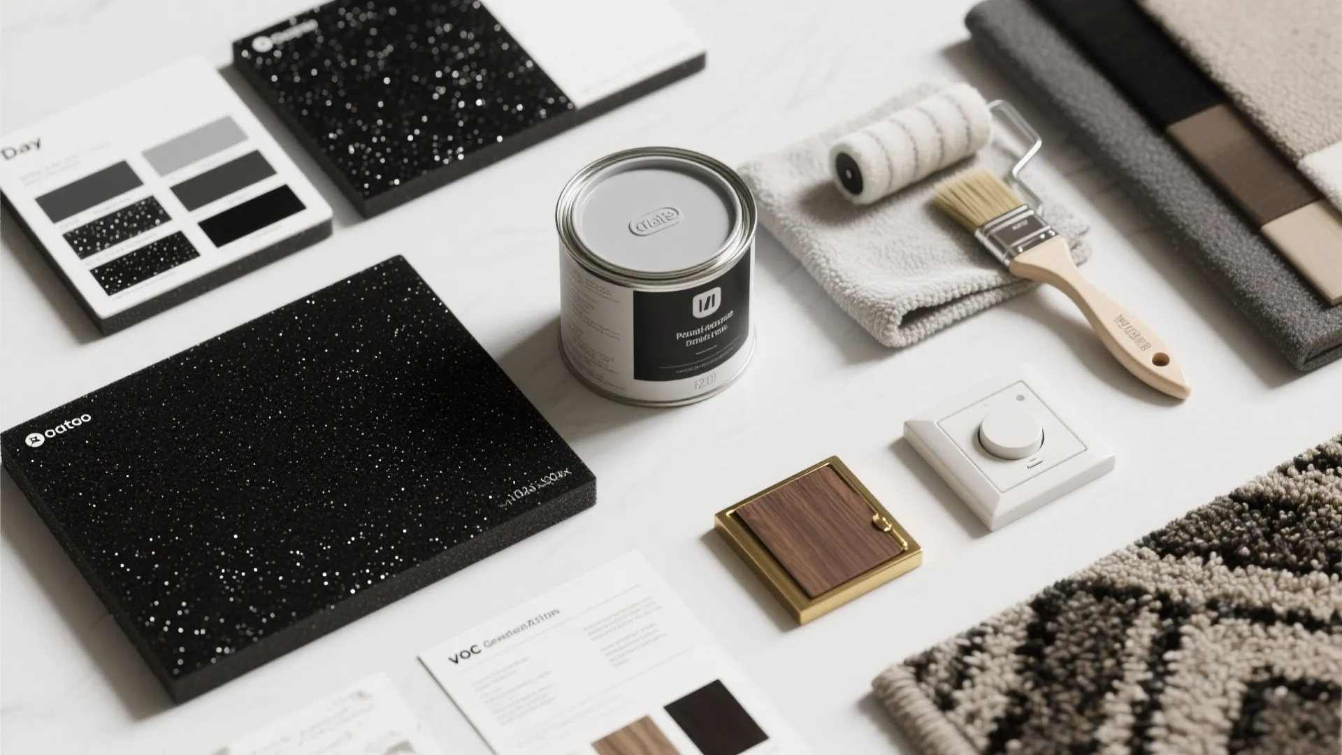 Grey paint can with brush, roller, black material samples, wood piece, and various fabric swatches