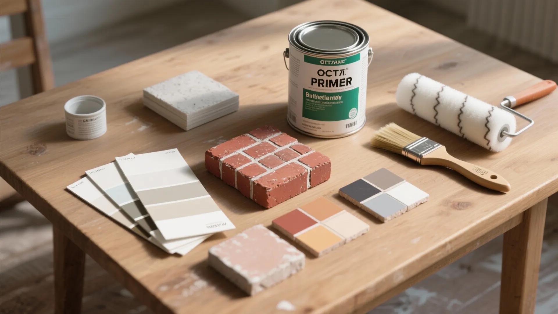 Wooden table with paint can roller brush color swatches and various stone and brick samples