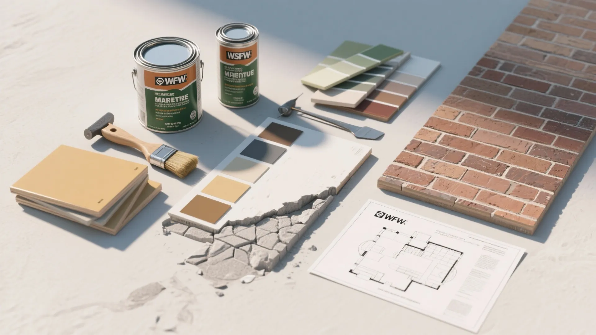 Renovation materials including paint cans, brush, color swatches, brick samples, and a printed room layout