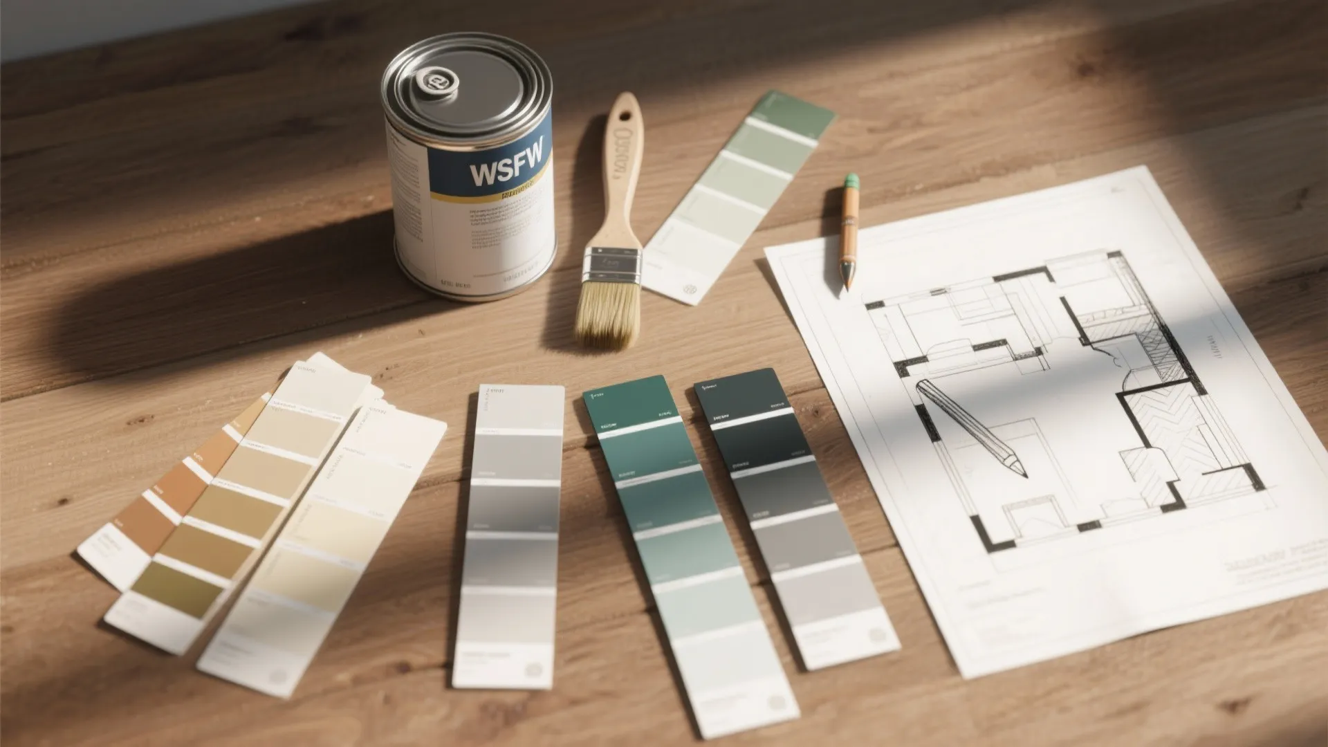 Interior design floor plan on wooden table with paint can brush and various color samples