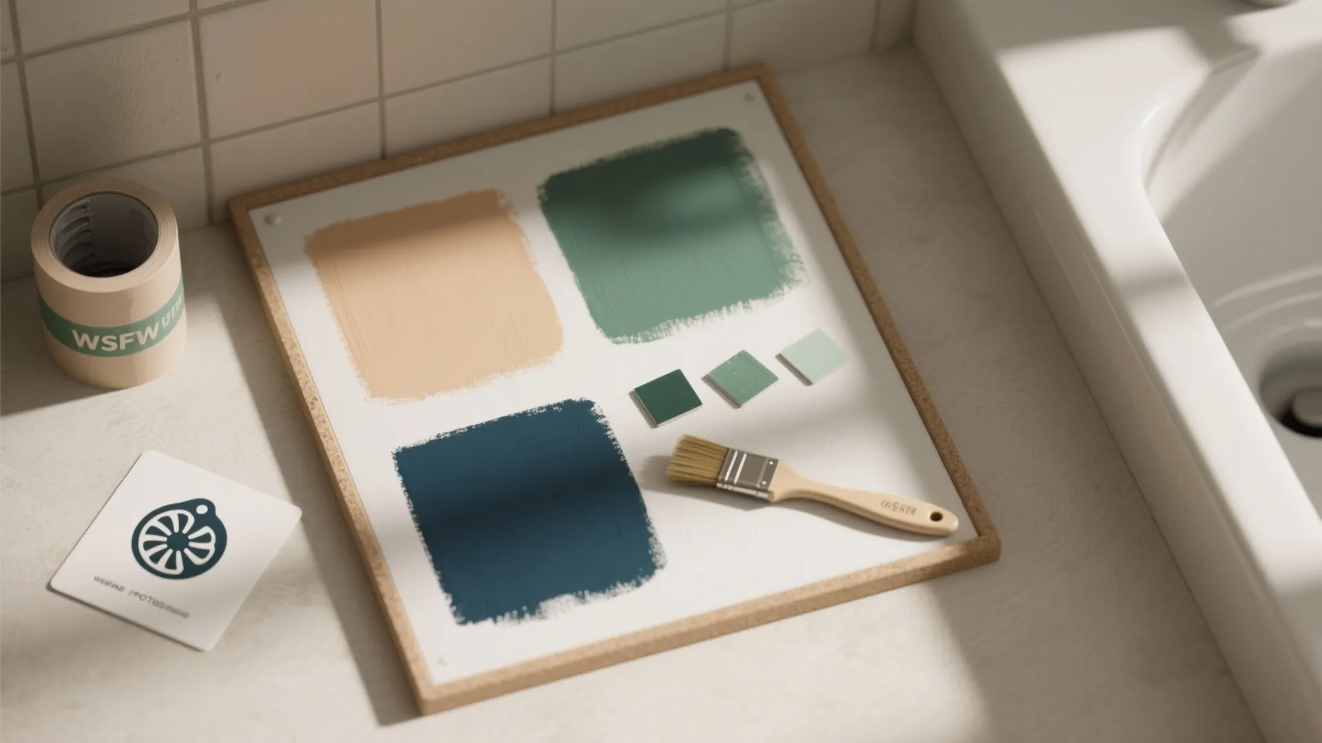 Paint color samples on a board with a small brush and tape near bathroom sink