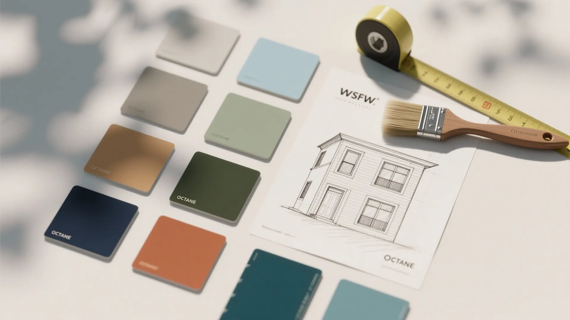 Colorful wall paint samples on table next to house sketch with brush and measuring tape