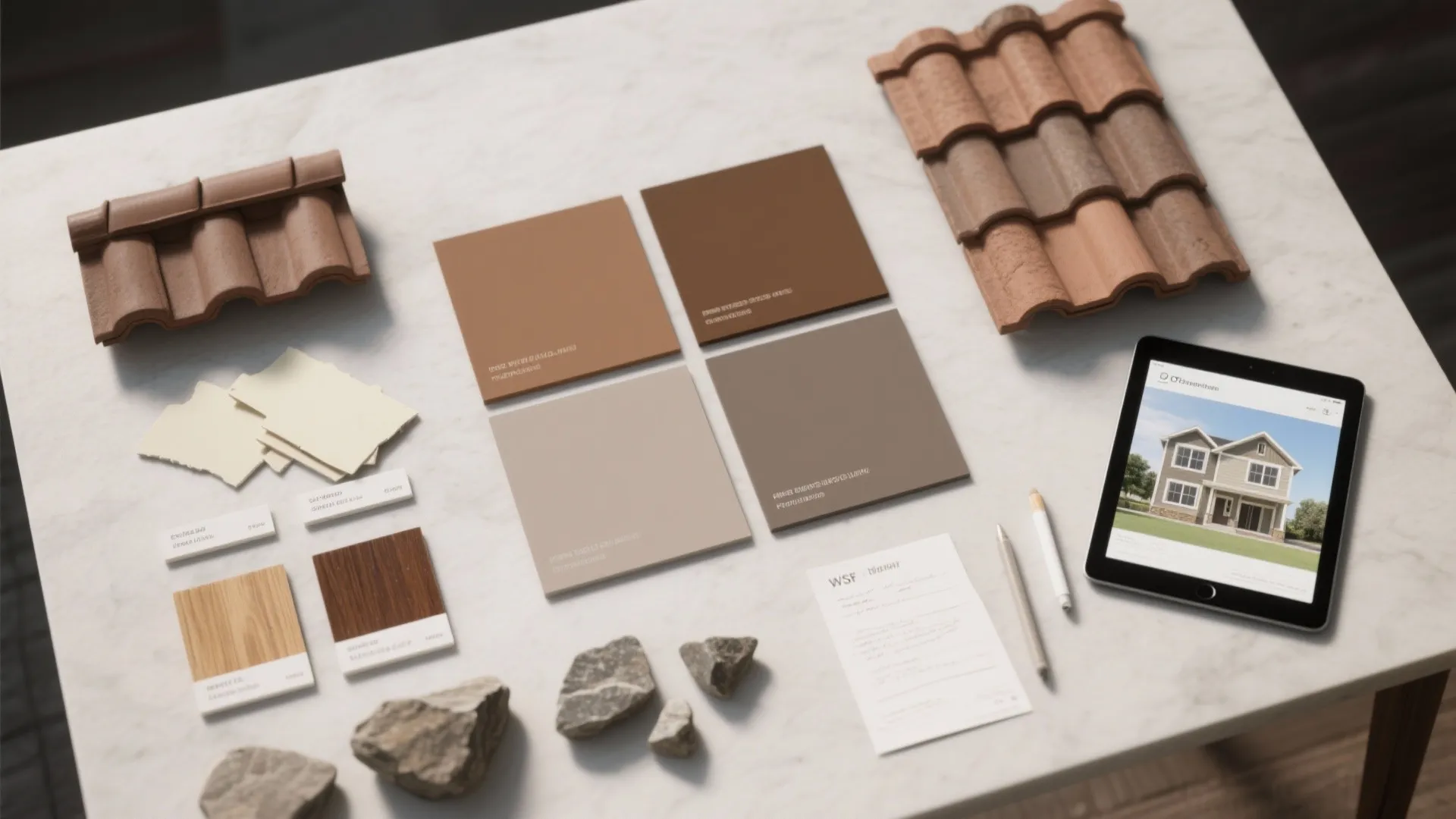 Flatlay of paint color samples roof tiles wood swatches and a tablet on marble table