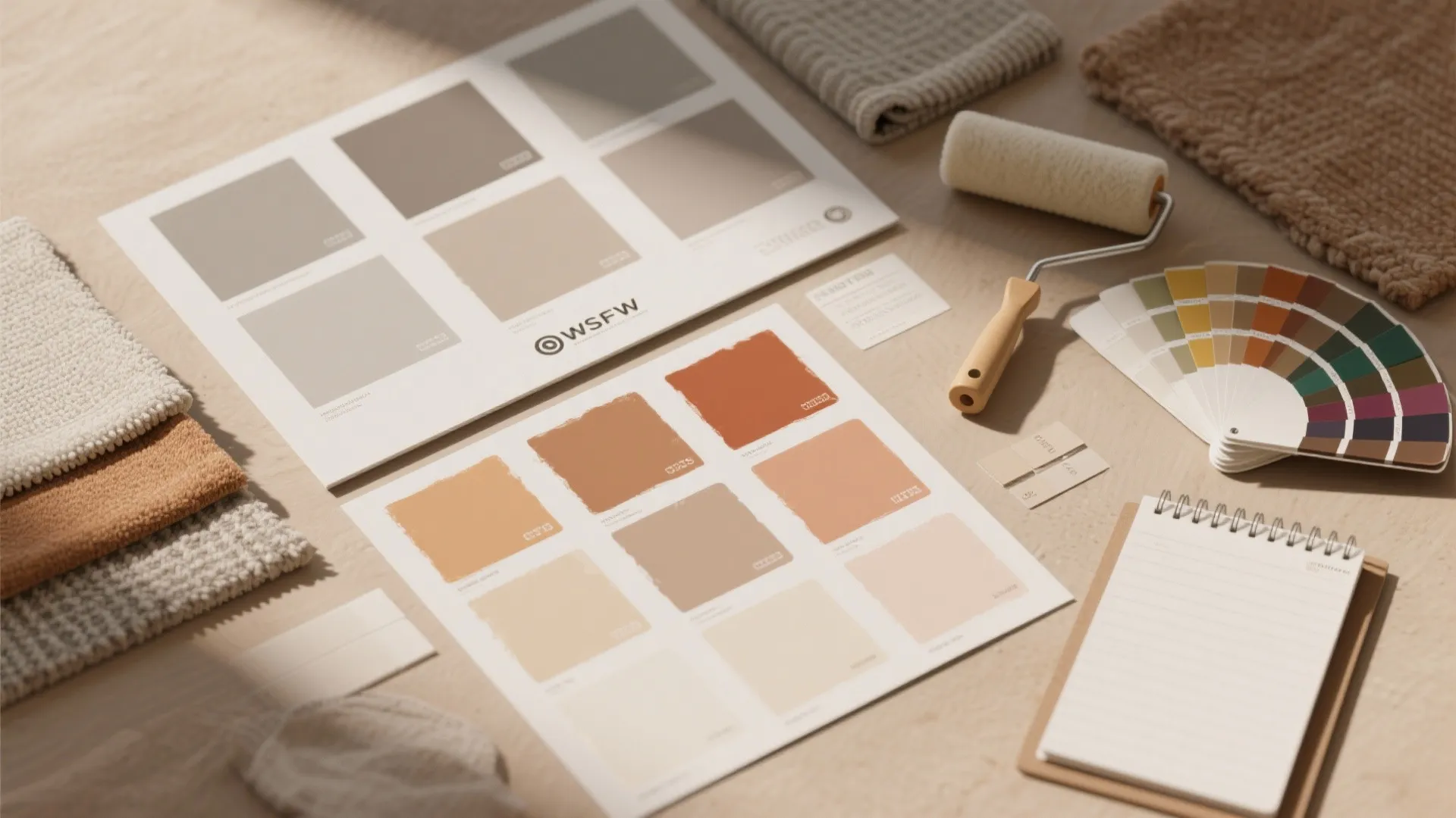 Flatlay of paint color cards paint roller fabric samples and notebook on a light wood surface