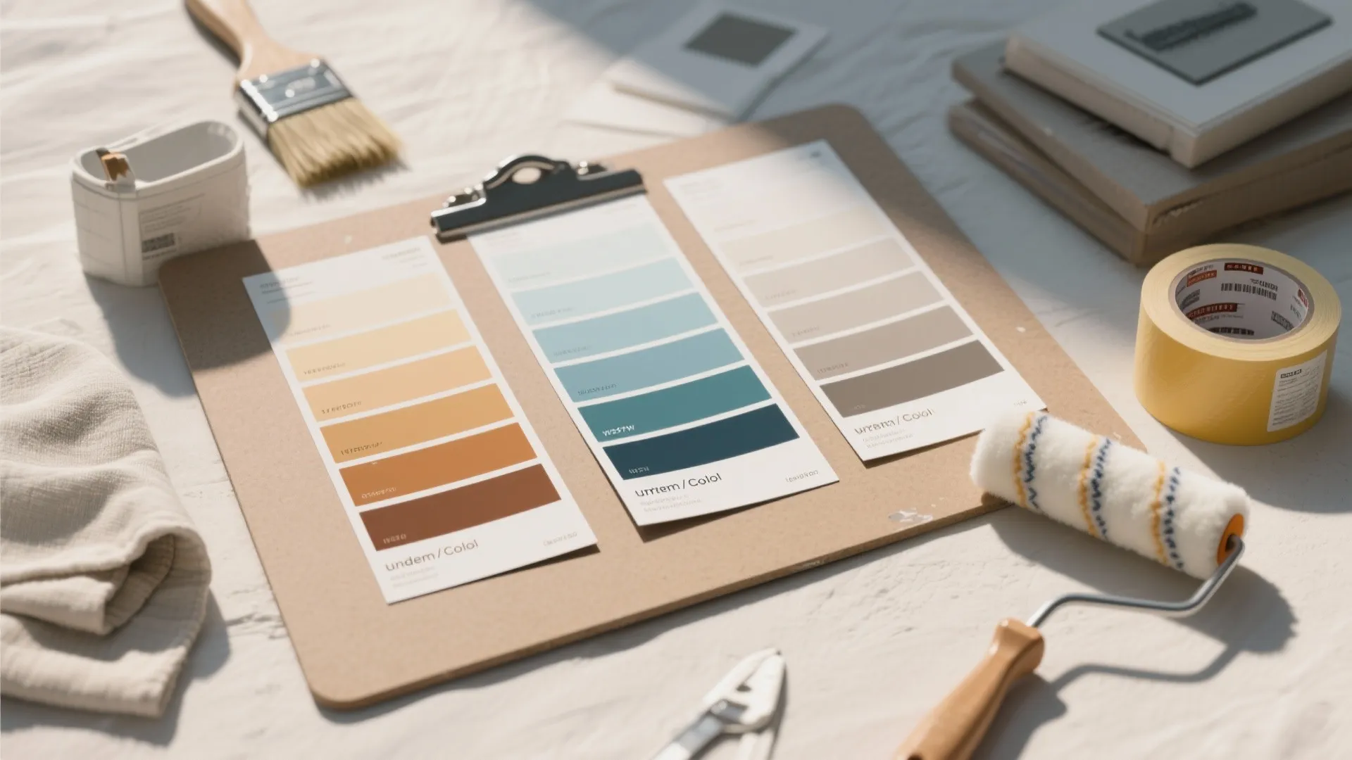 Clipboard with paint color samples next to a paint brush and a small paint roller