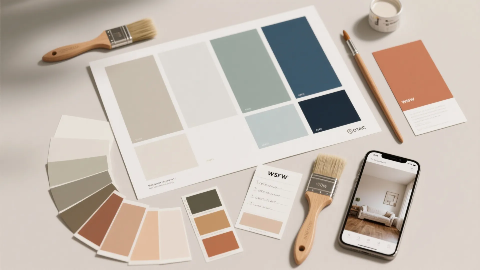 Top-down flatlay of large paint swatches, brushes and a phone showing a color preview mockup.