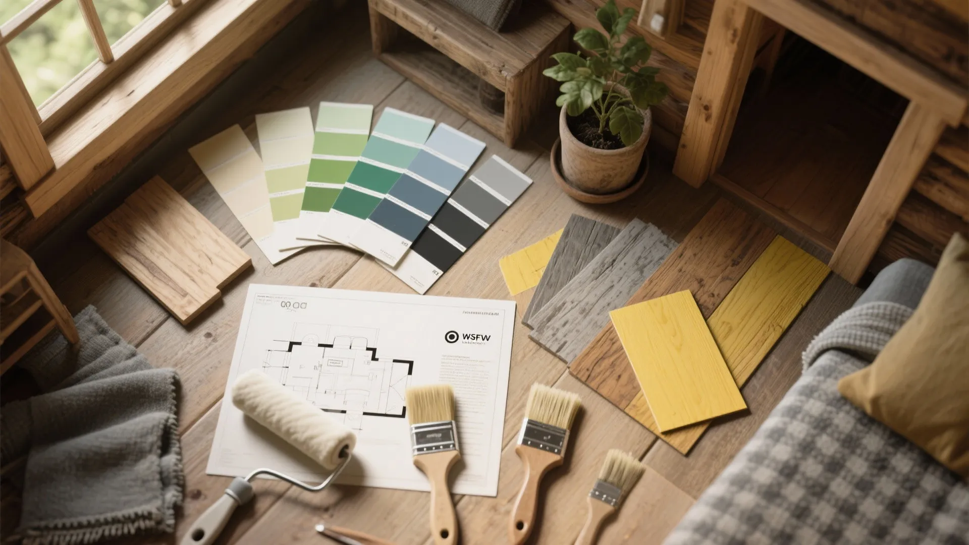 Interior design materials including paint color swatches and wood samples next to a floor plan