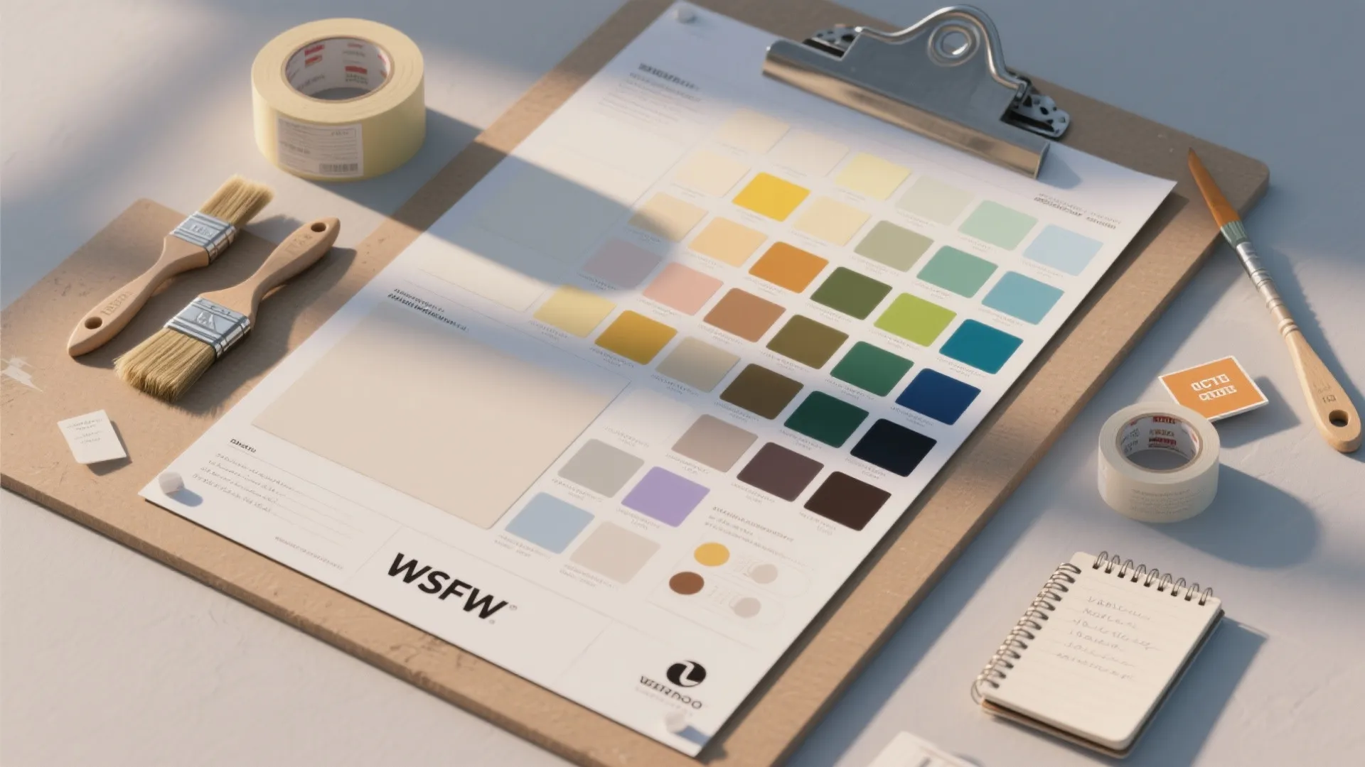 Clipboard with colorful paint samples brushes masking tape and a small notebook on a light surface