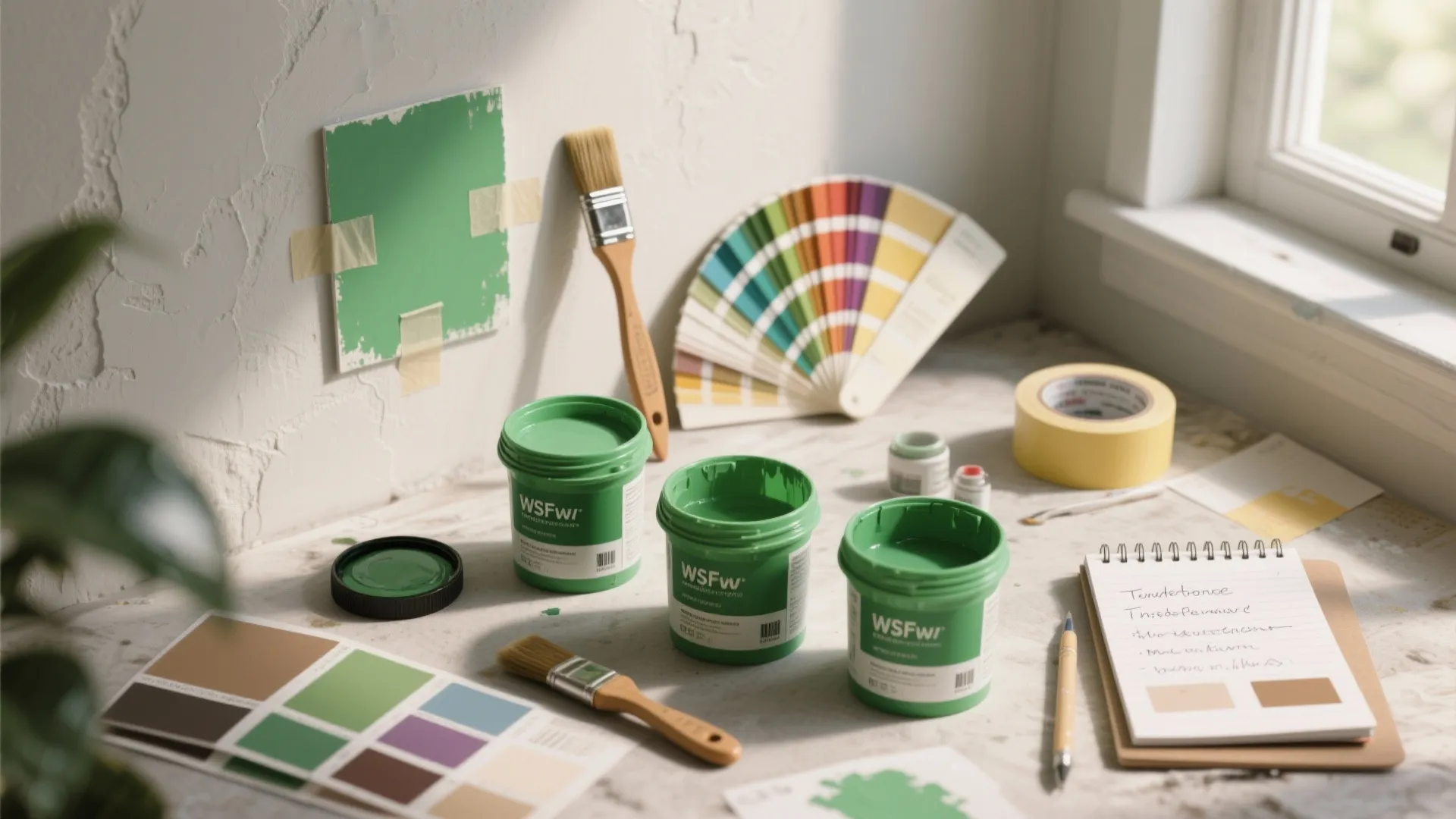 Flatlay of three green paint sample pots, swatches, brushes and a color fan deck for testing undertones and finishes.