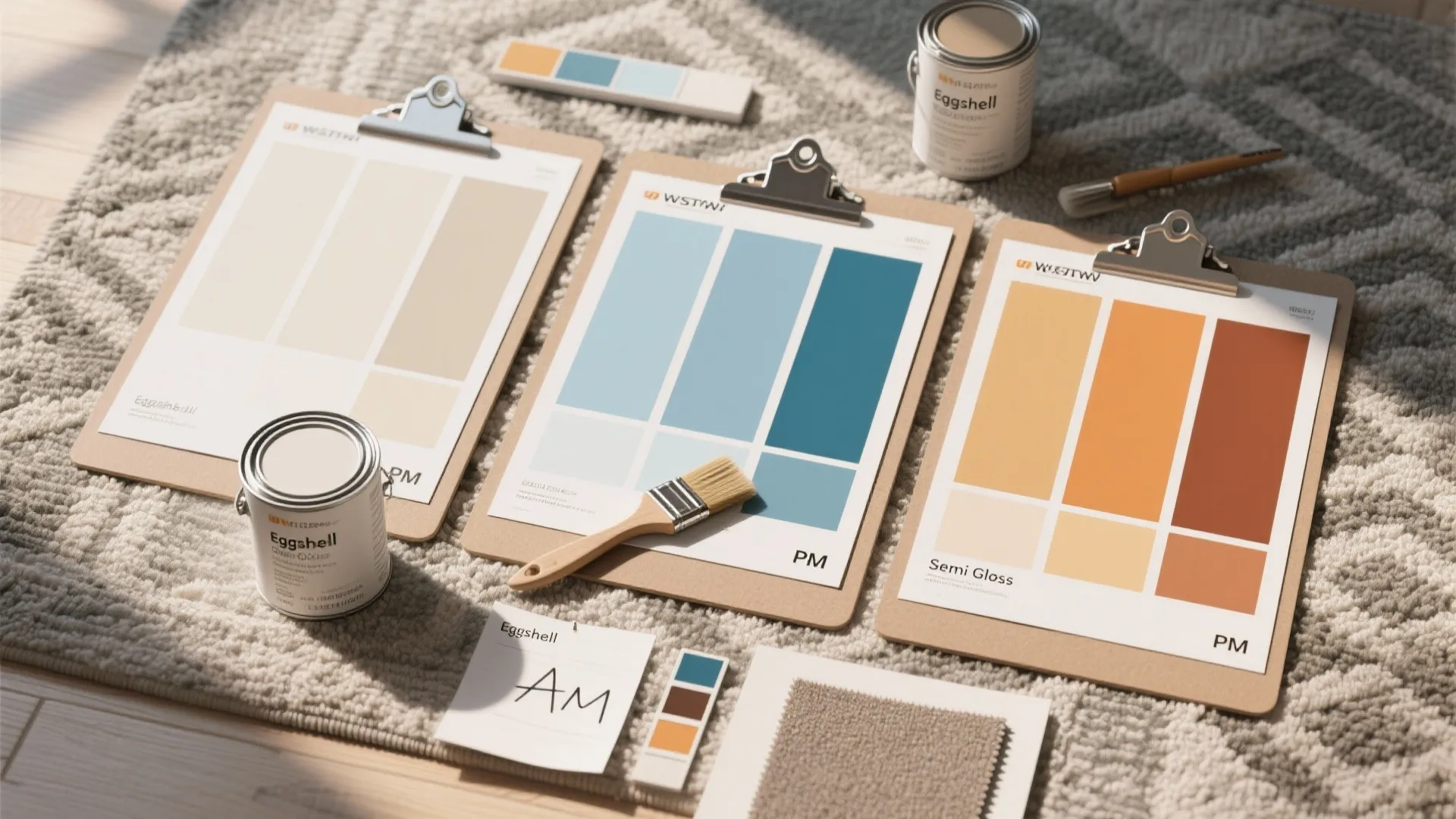 Top-down view of paint sample poster boards, brushes and labeled eggshell and semi-gloss swatches under daylight.