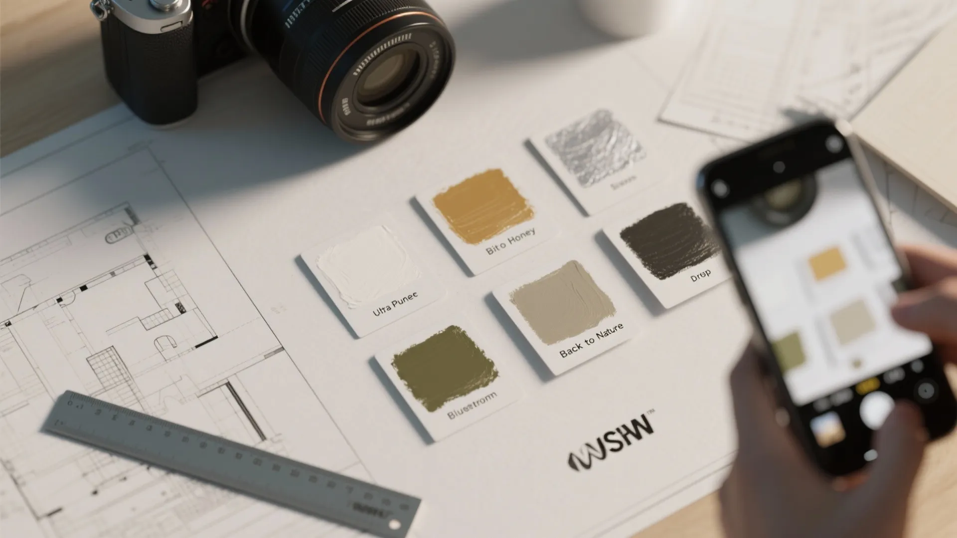 Taking a photo of paint color samples on top of an interior design drawing plan