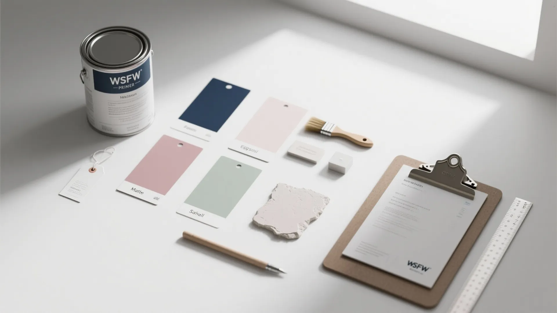 Flat lay showing paint can color samples brush and clipboard on a clean white surface