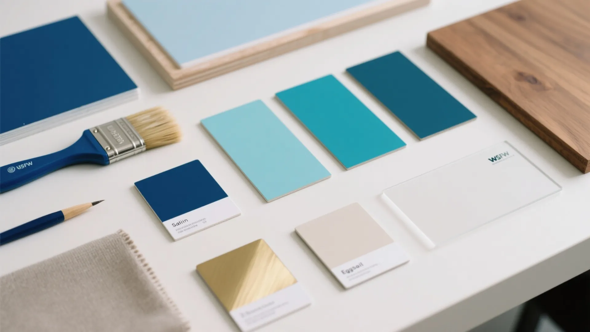 Blue paint color samples with a brush and wood material for home interior design planning