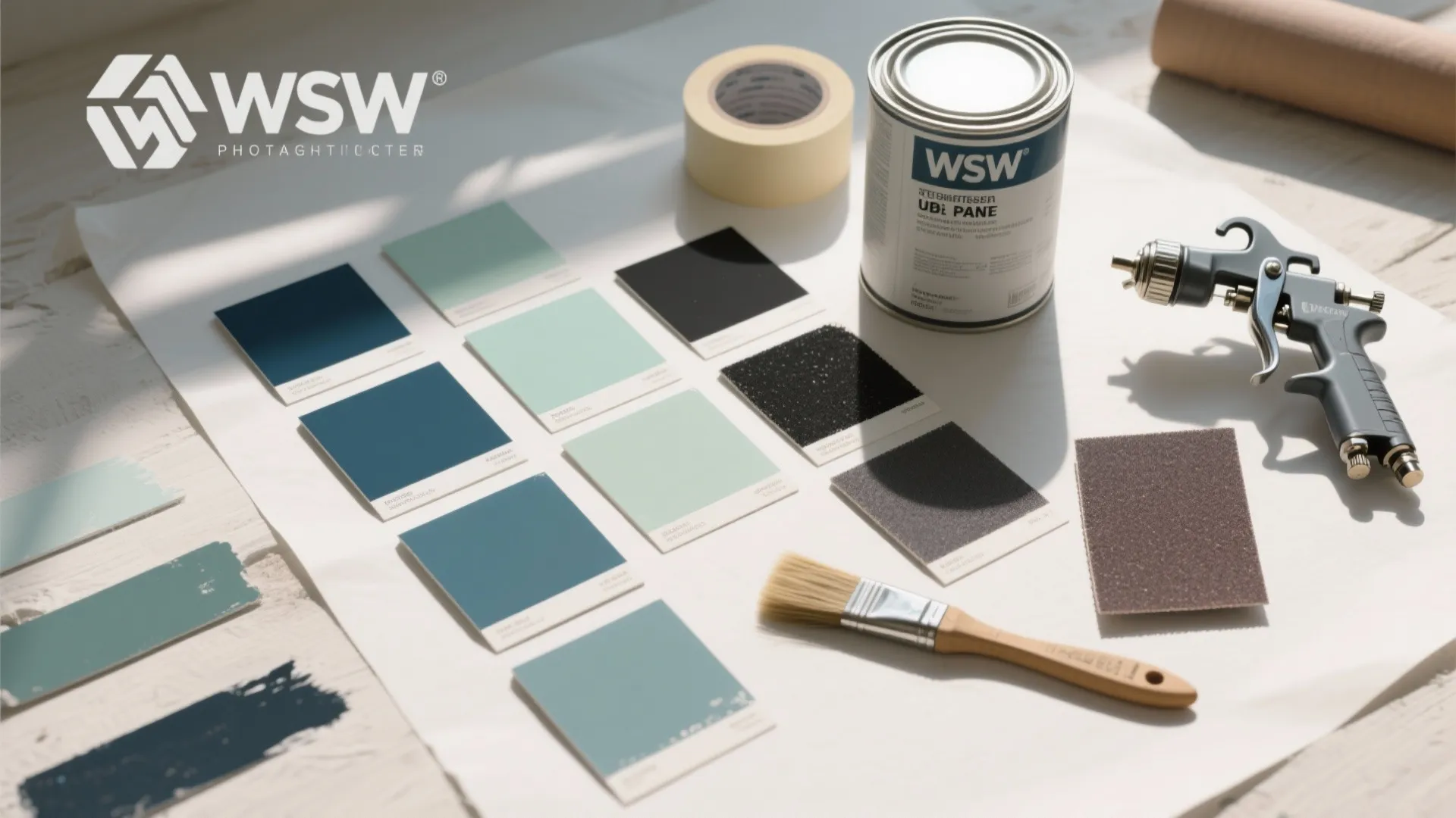 Table with blue paint samples metal paint can spray gun brush and sanding paper tools