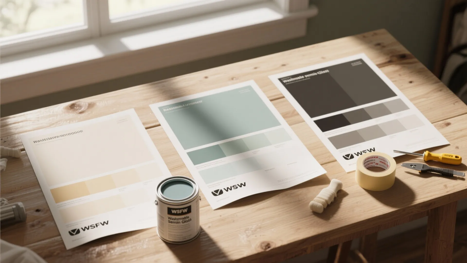 Interior design paint color cards and a paint can on a wooden table with tools