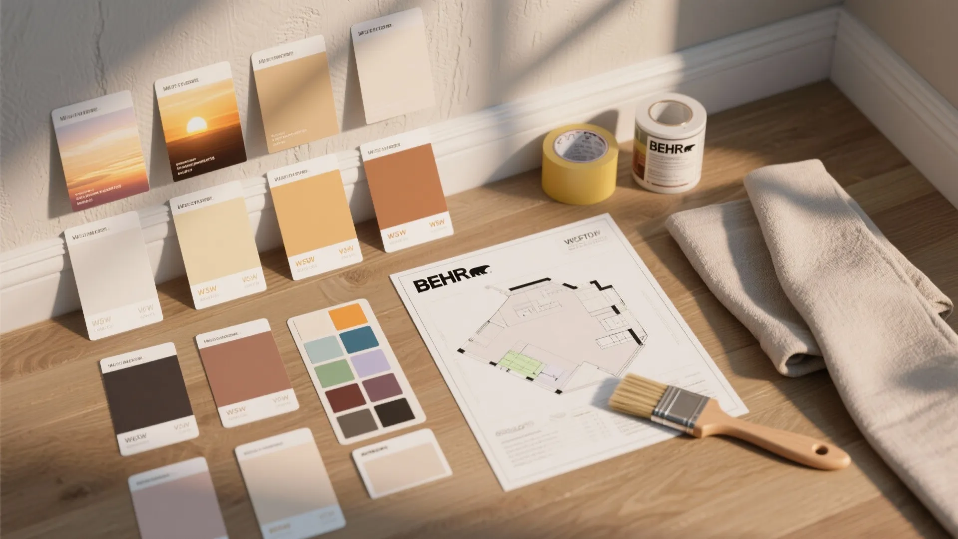 Interior design project flat lay with paint color cards floor plan document paint brush towels