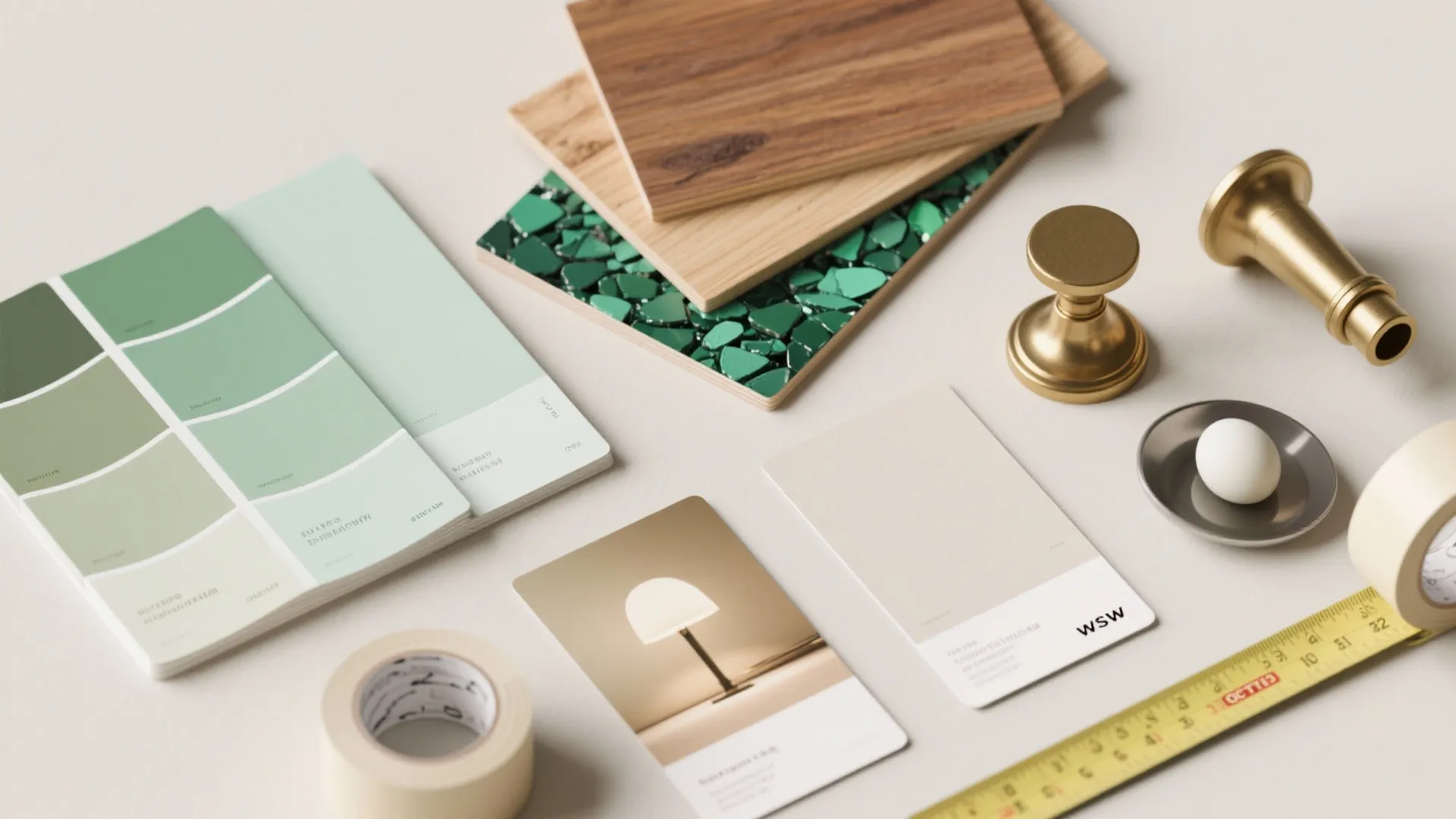 Flatlay of green paint chips, wood and brass samples, painter's tape and finish cards