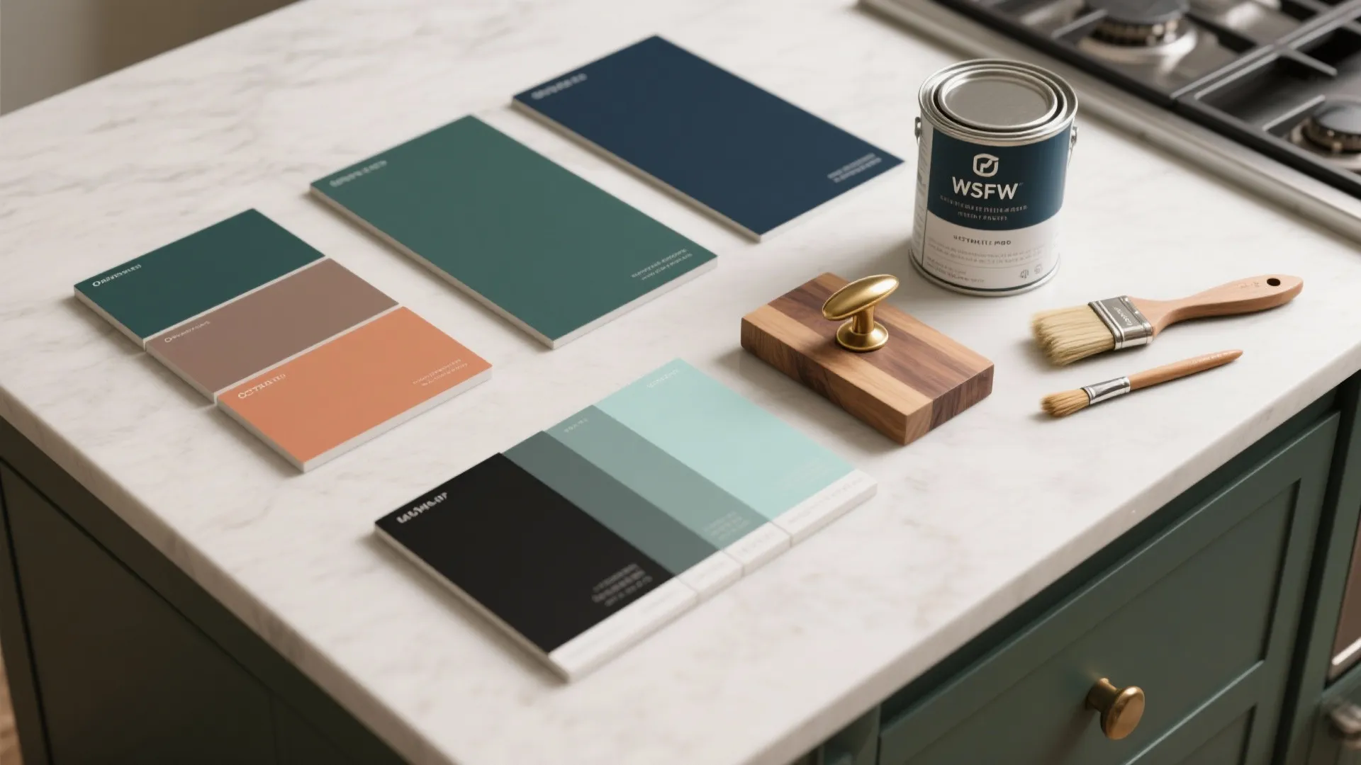 Selection of paint color cards on marble countertop with paint can and two wooden brushes