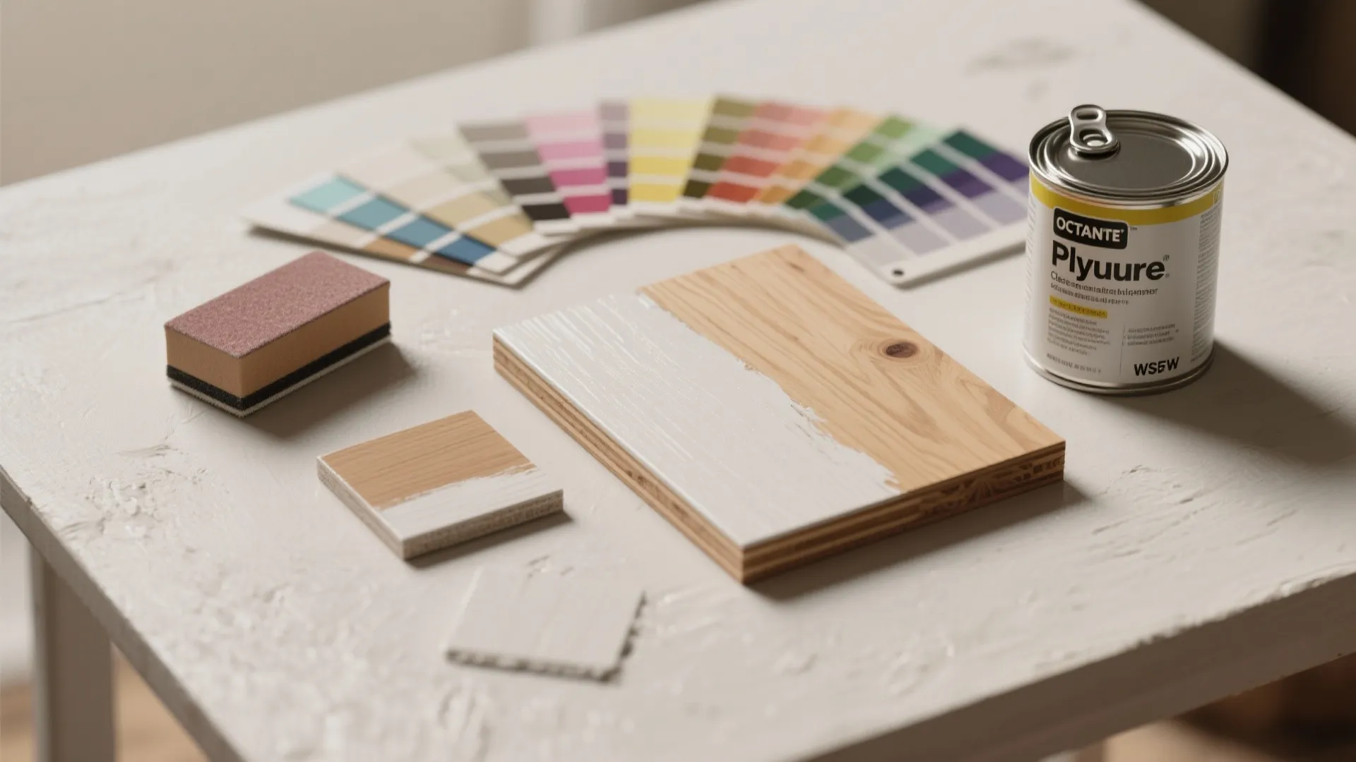 Paint can, color swatches, wooden samples, and sanding block on white table for home improvement