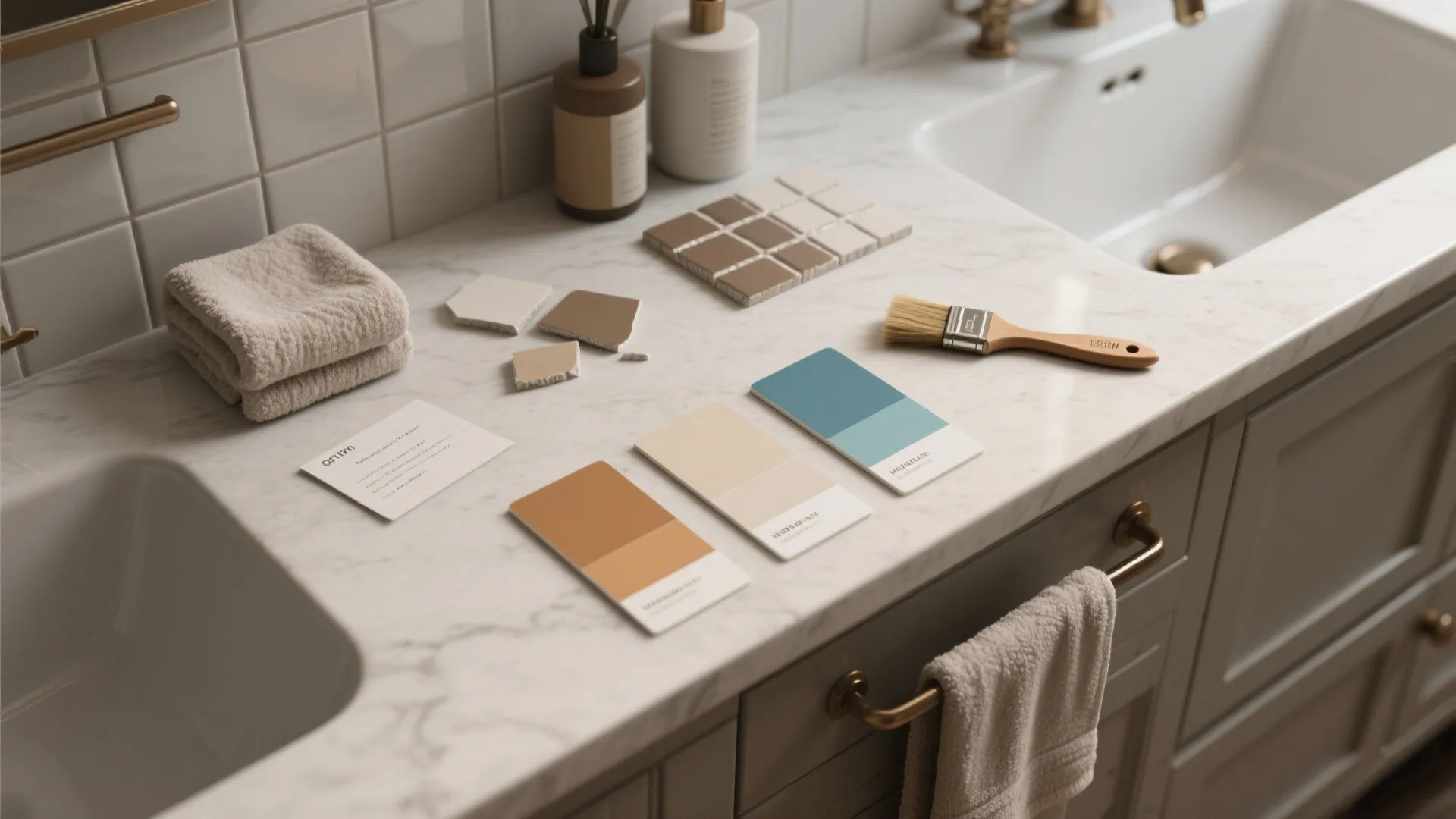 Flatlay of three bathroom paint swatches with tile and vanity chips for sampling