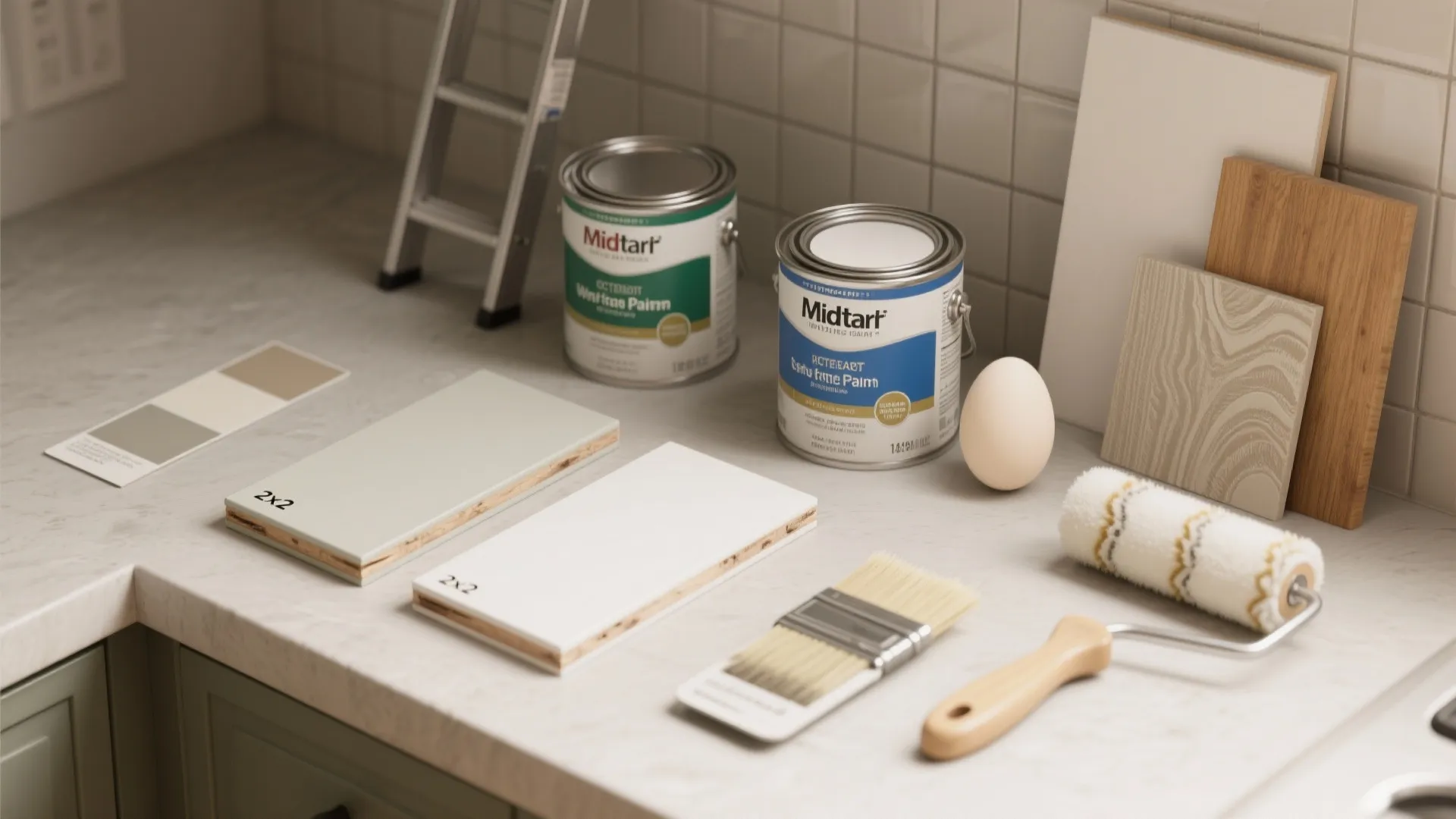 Flatlay of paint samples, tools and material swatches for kitchen ceiling selection.