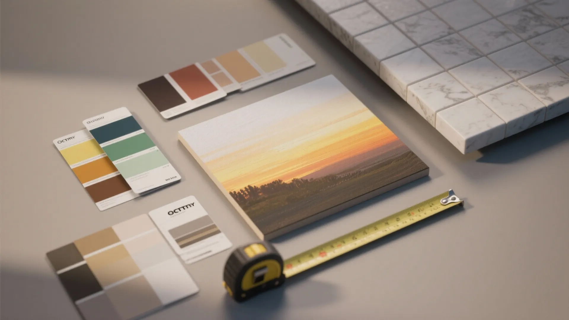 Interior design materials including color palettes, marble wall tiles, measuring tape, and a sunset picture
