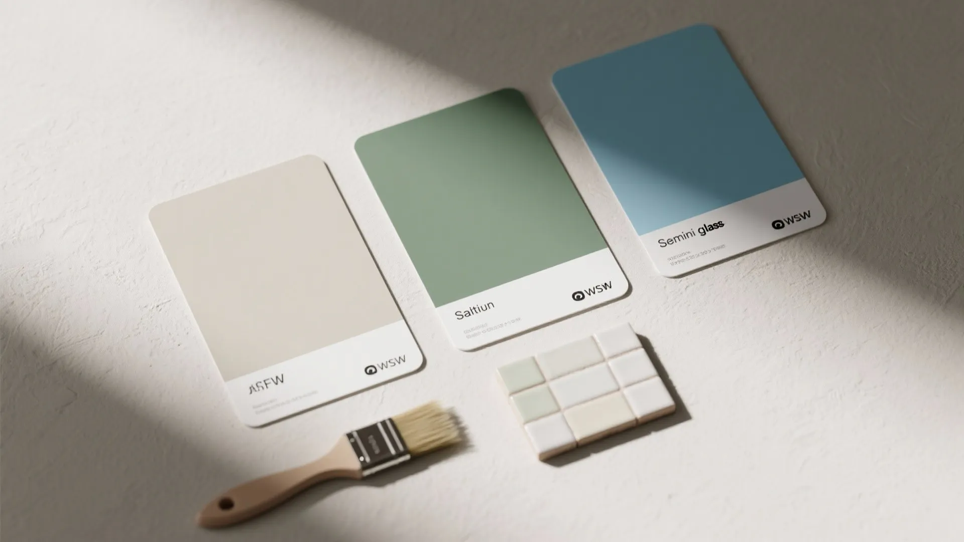 Three colorful paint samples with a small paint brush and white square tiles on table