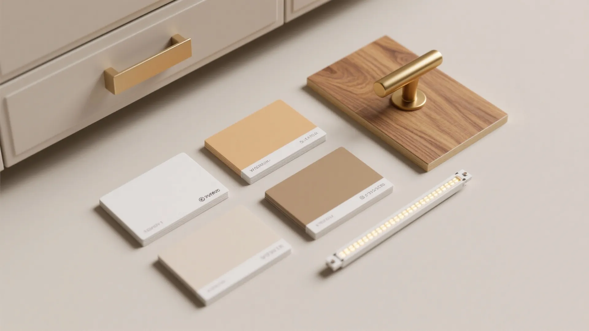Flatlay of paint chips, wood sample, brass handle and LED strip representing cabinet finish choices.