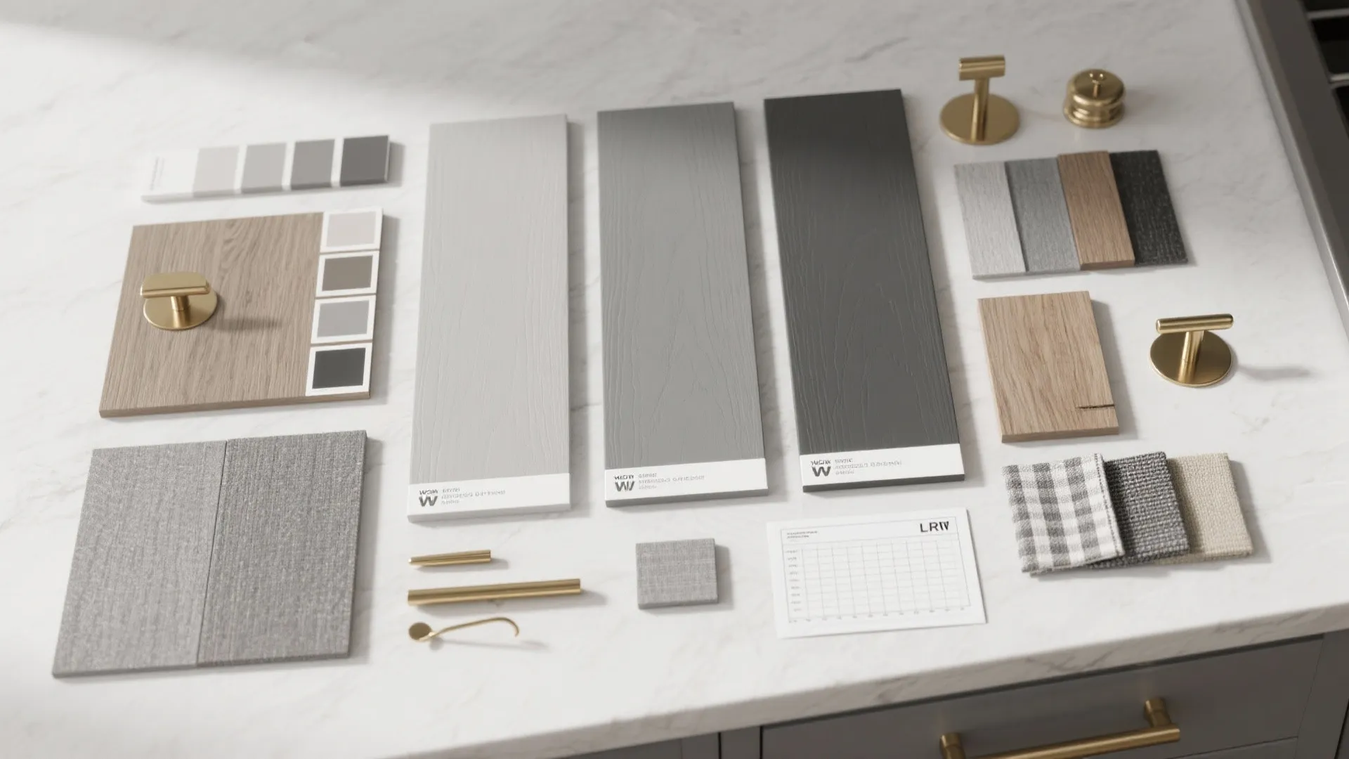 Top-down flatlay of gray paint sample boards, wood and hardware swatches, and an LRV chart.