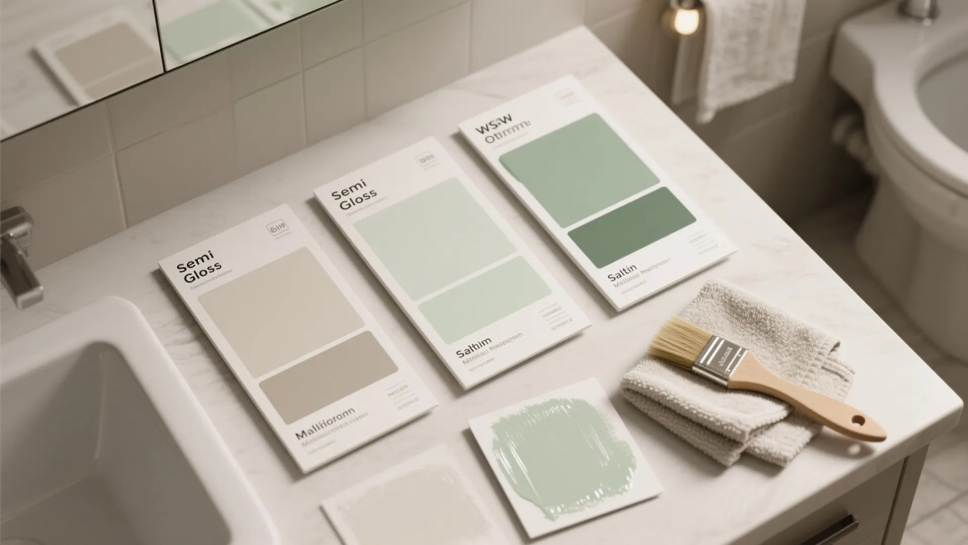 Neutral green and beige paint swatches with a wooden brush on a white bathroom counter