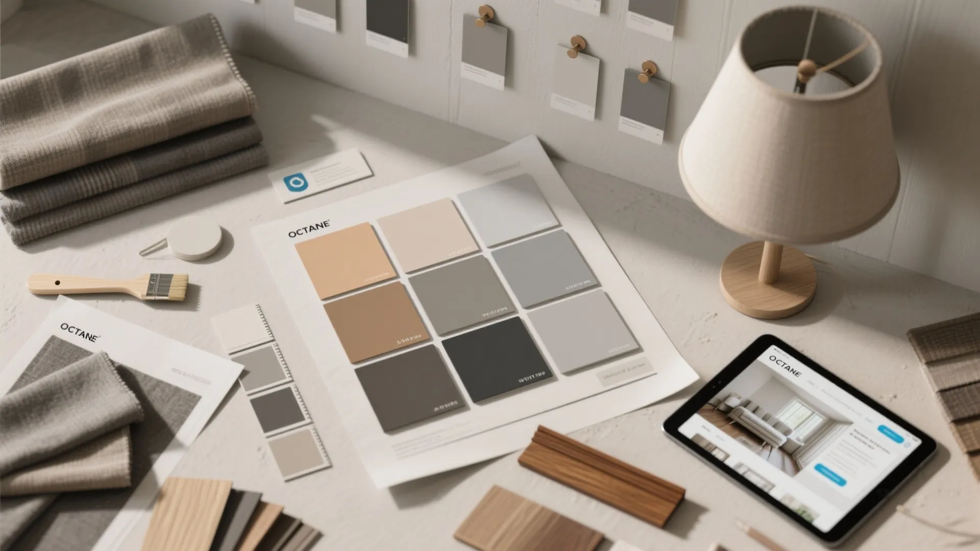Flatlay of large paint swatches, fabric samples and a tablet with a room planner under soft light.