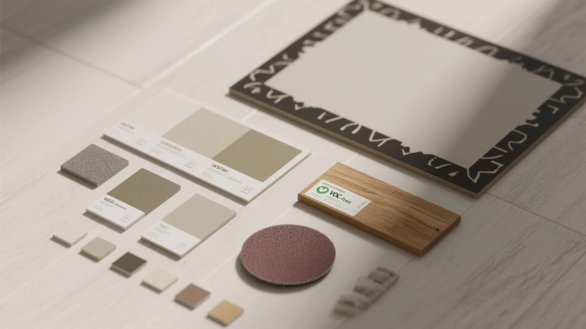 Assorted paint color swatches and wood material samples for interior design and home improvement planning