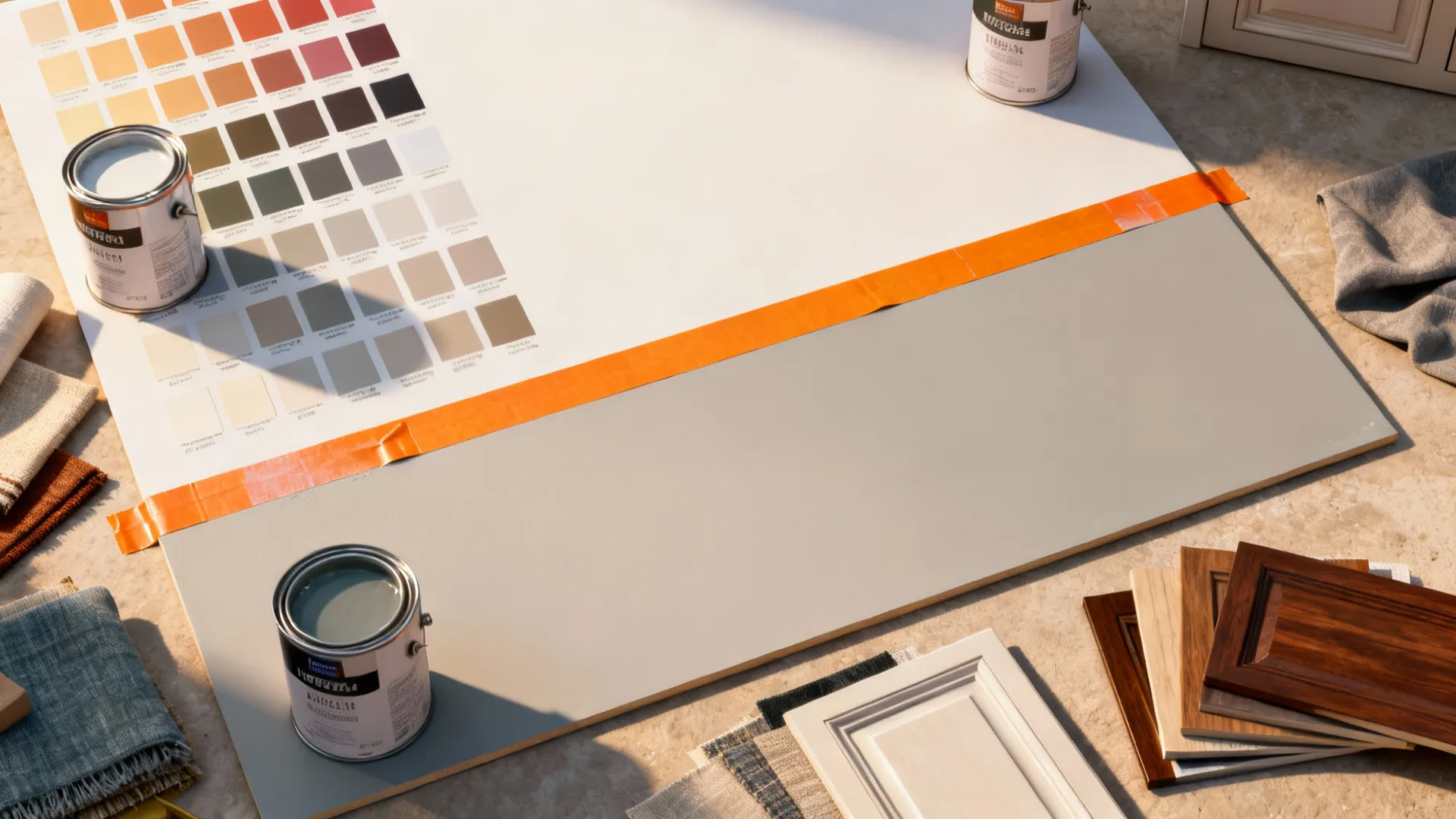 Flatlay of paint swatches, tape, and material samples for testing colors.