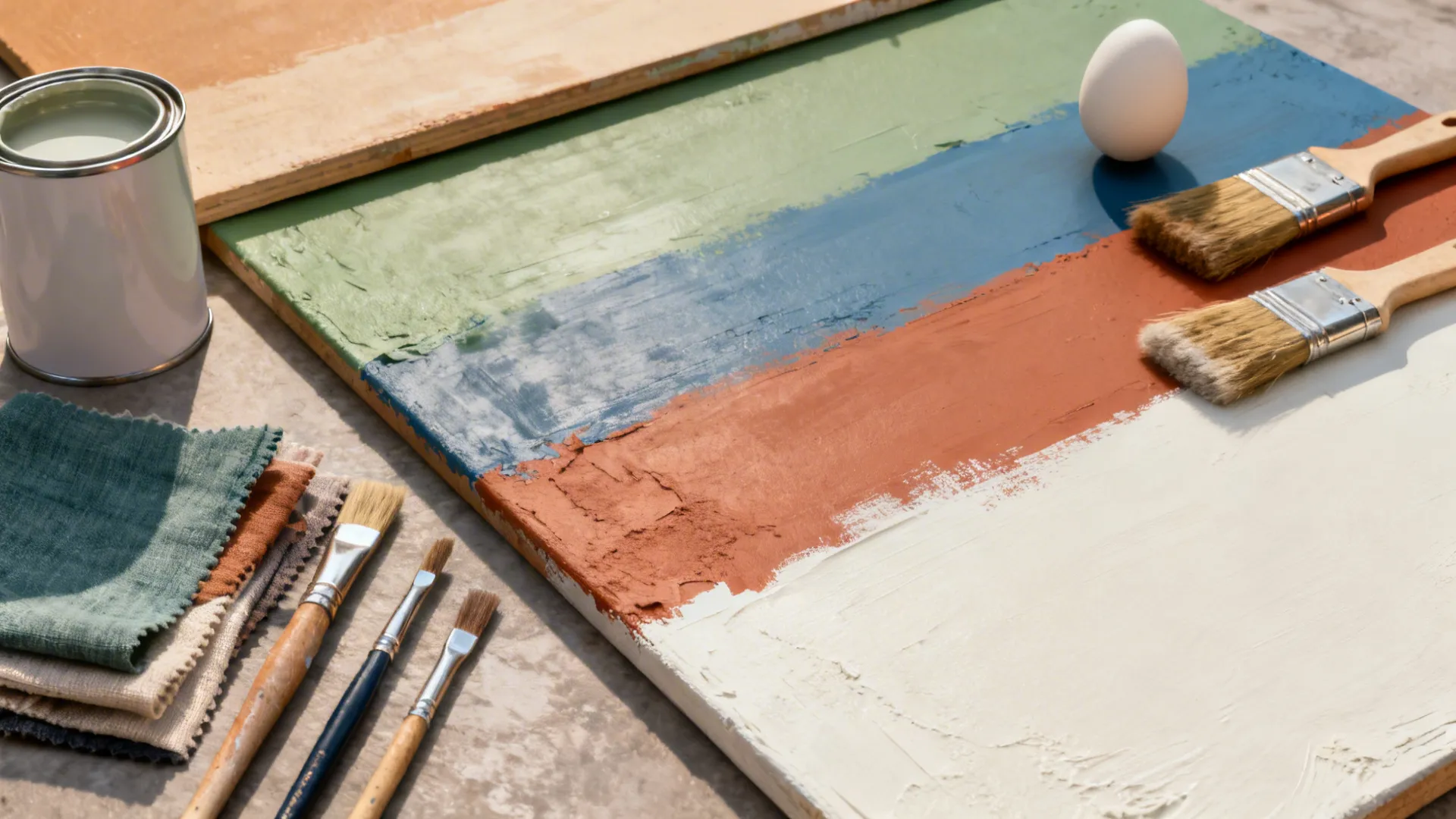 Flatlay of large paint sample boards, brushes, fabric swatches and paint can representing recommended colors.