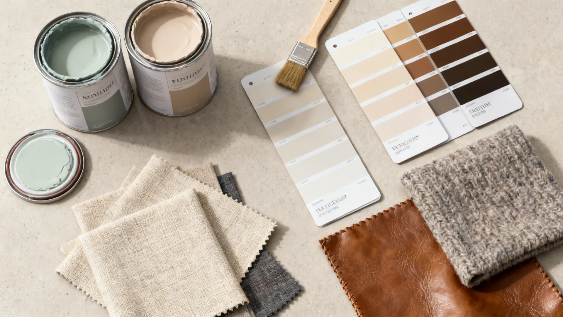Flatlay of paint samples, peelable swatches, trim cards and fabric samples for testing colors.