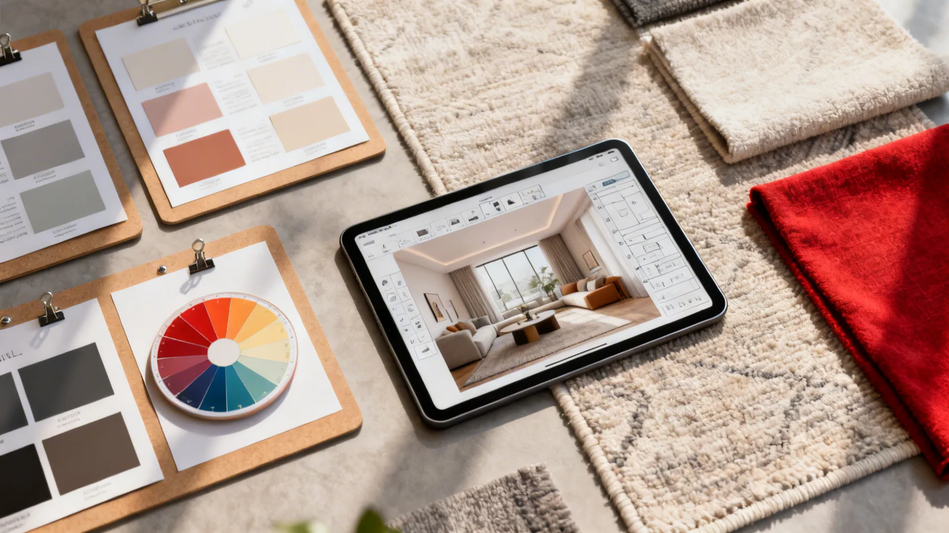 Paint sample swatches on poster board and a tablet with a room planner for testing colors.