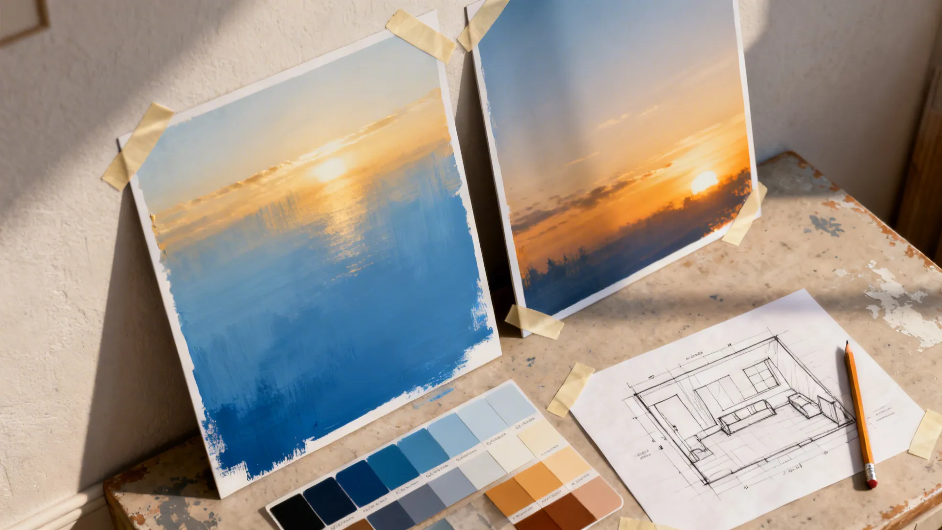 Interior design drawing with blue sunset paintings and color paint samples on a wooden desk