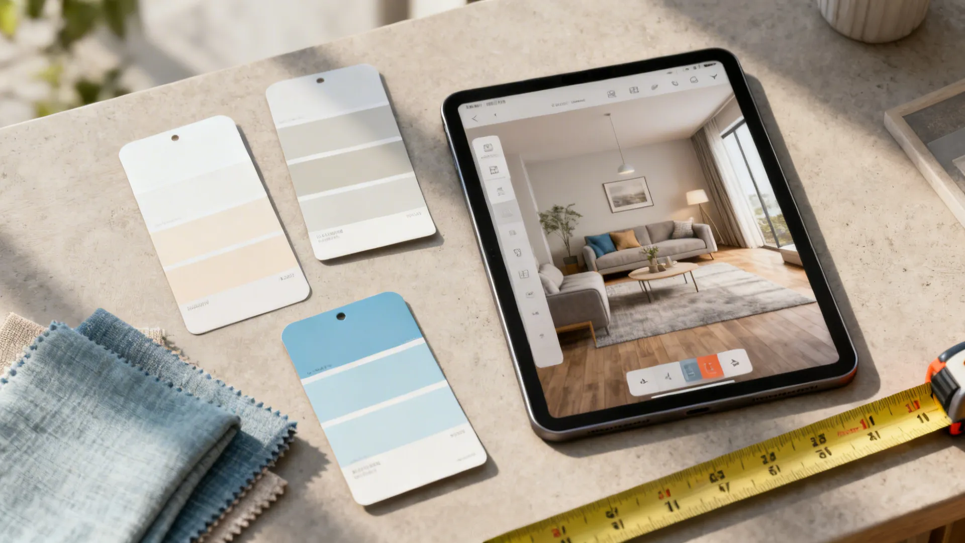 Flatlay of paint swatches, fabric samples and a tablet showing a room planner