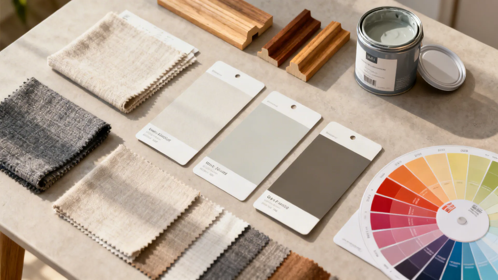 Top-down flatlay of paint swatches, fabric samples and wood trim for color testing.