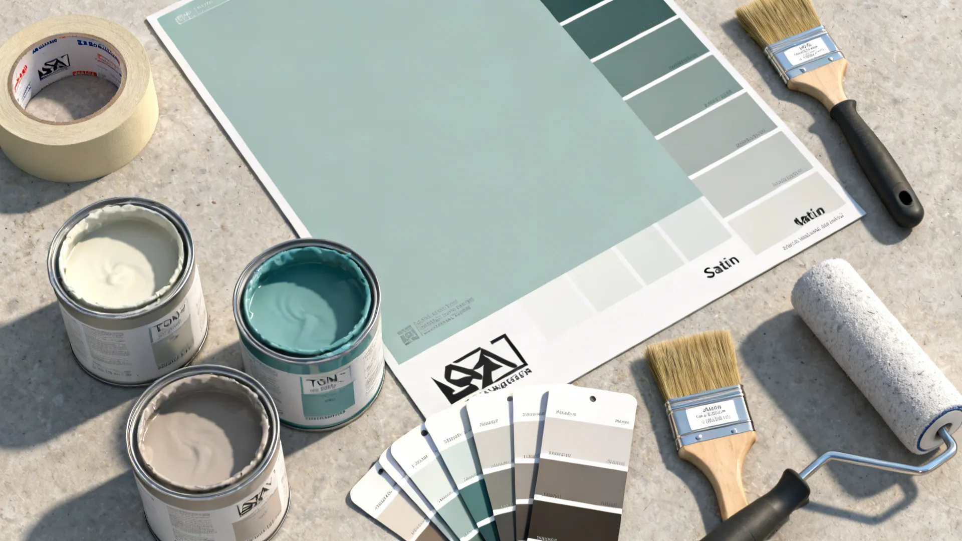 Flatlay of paint sample pots, tape, poster board swatches and finish cards for testing two-tone schemes.