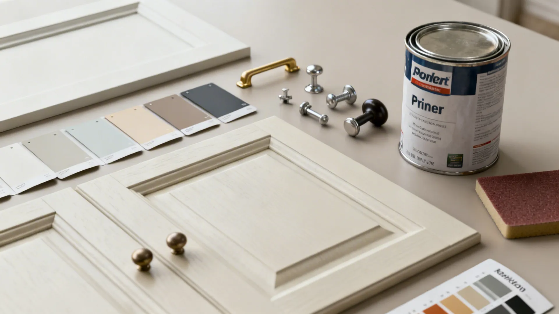 Flatlay of paint sample chips, hardware pieces, primer and sandpaper for cabinet planning