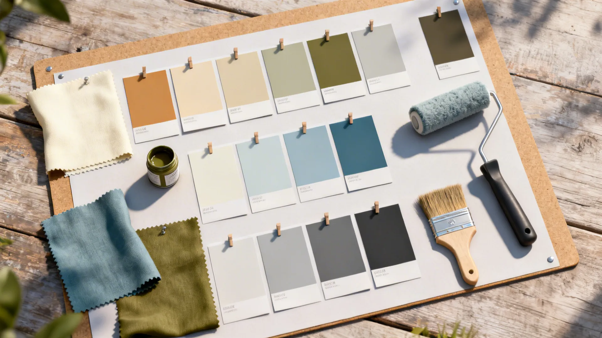 Flatlay of paint sample boards, color chips and fabric swatches for testing undertones.